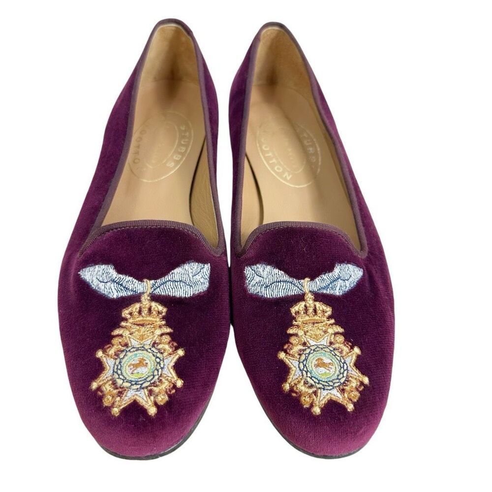 Stubbs & Wootton Purple Flats with Gold Embroidery